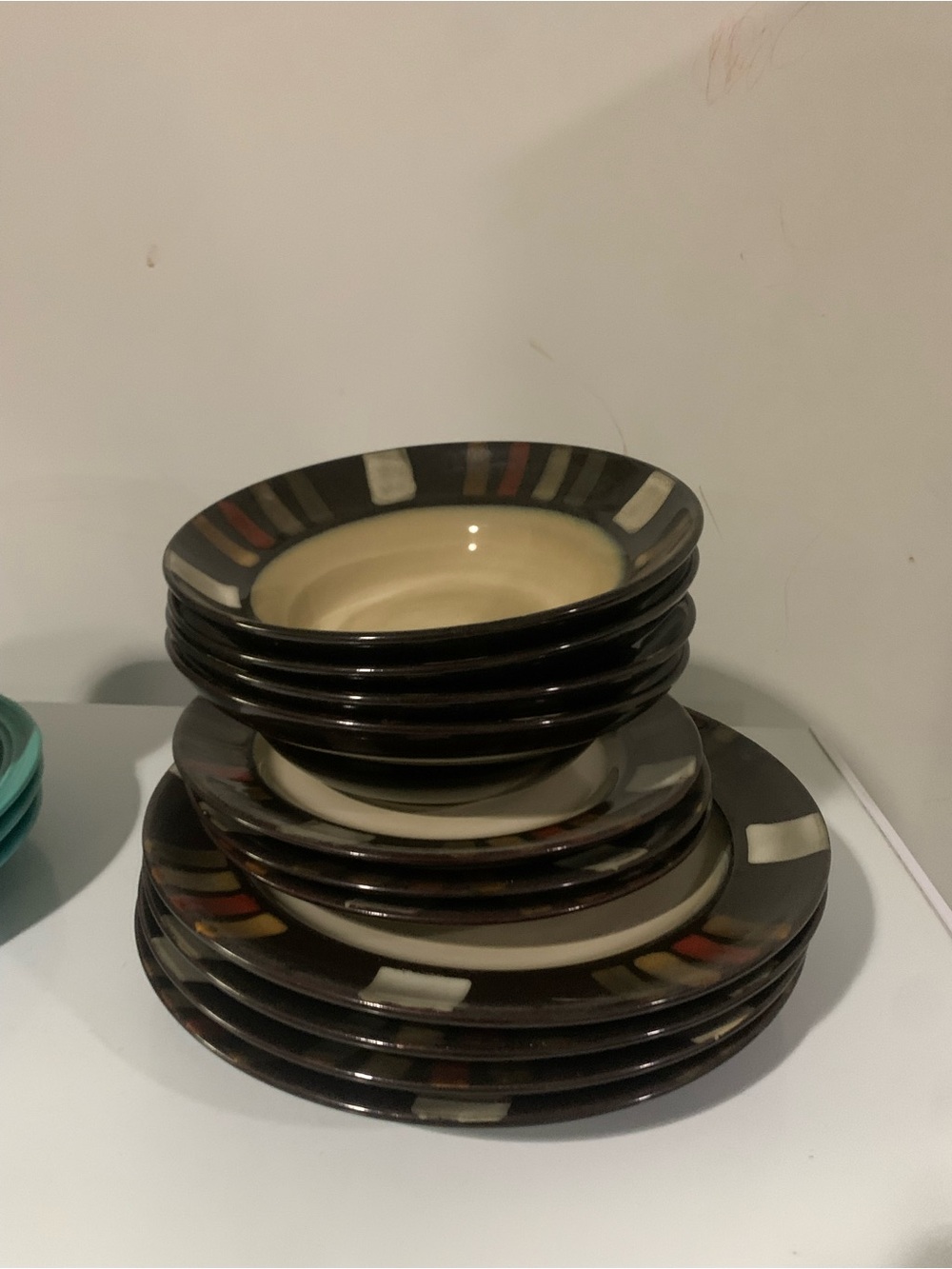 Dinnerware Set - Brown and Cream Ceramic Plates & Bowls